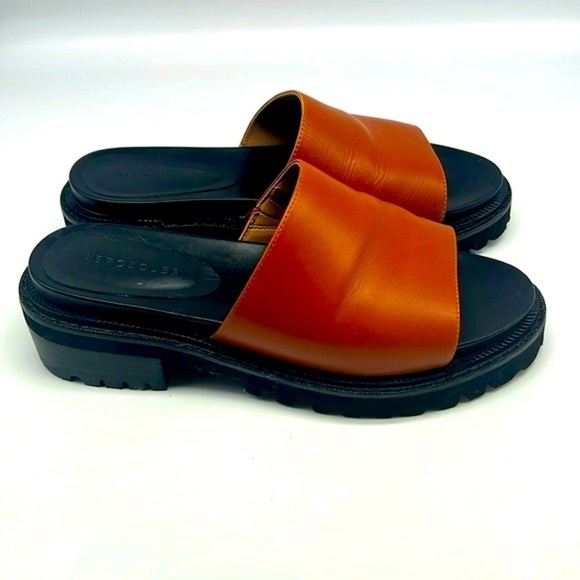 Aerosoles - Lucas Brown Leather Open Toe Chunky Black Soles Slide Sandals Size 8 - Picture 1 of 15